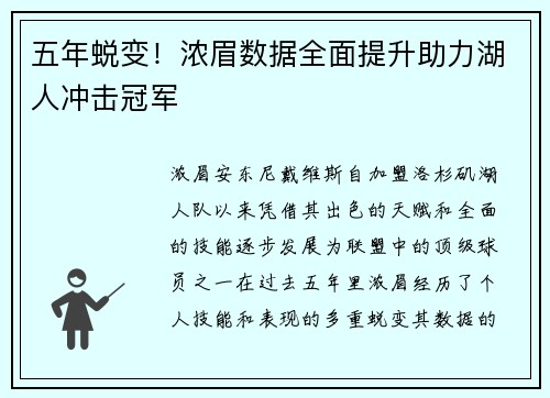 五年蜕变！浓眉数据全面提升助力湖人冲击冠军