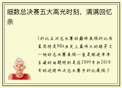细数总决赛五大高光时刻，满满回忆杀